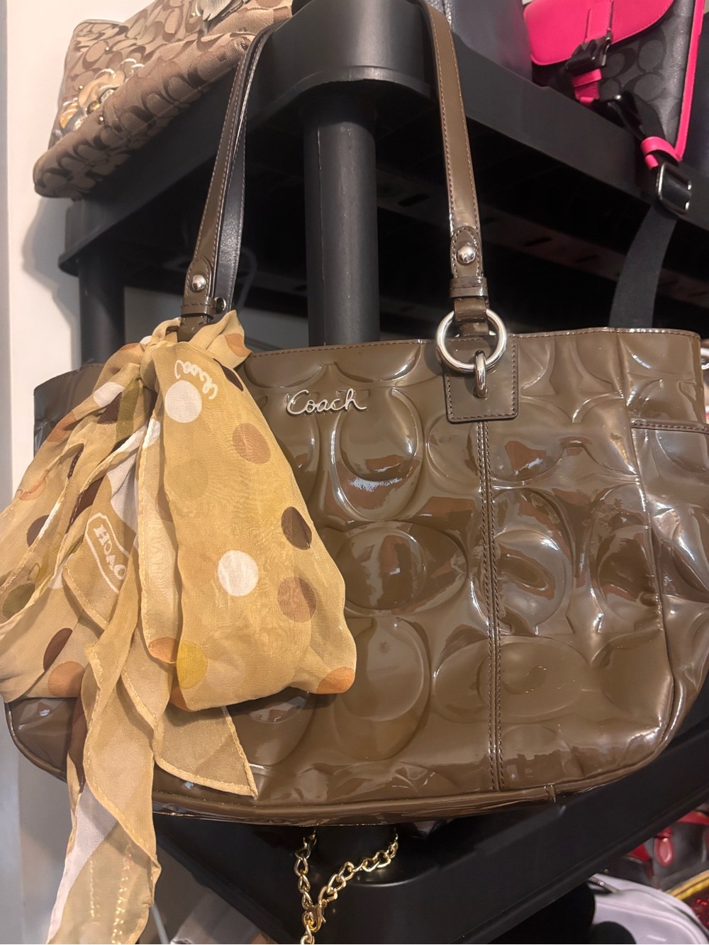 Coach Olive Patent Tote Bag with Pink Interior LIKE NEW